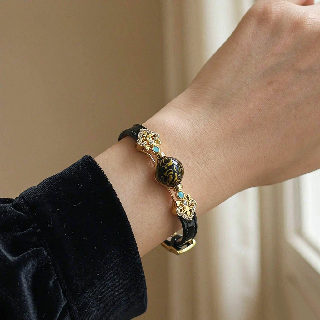 Black Heritage Leather Bracelet | Handcrafted Lacquer Bead