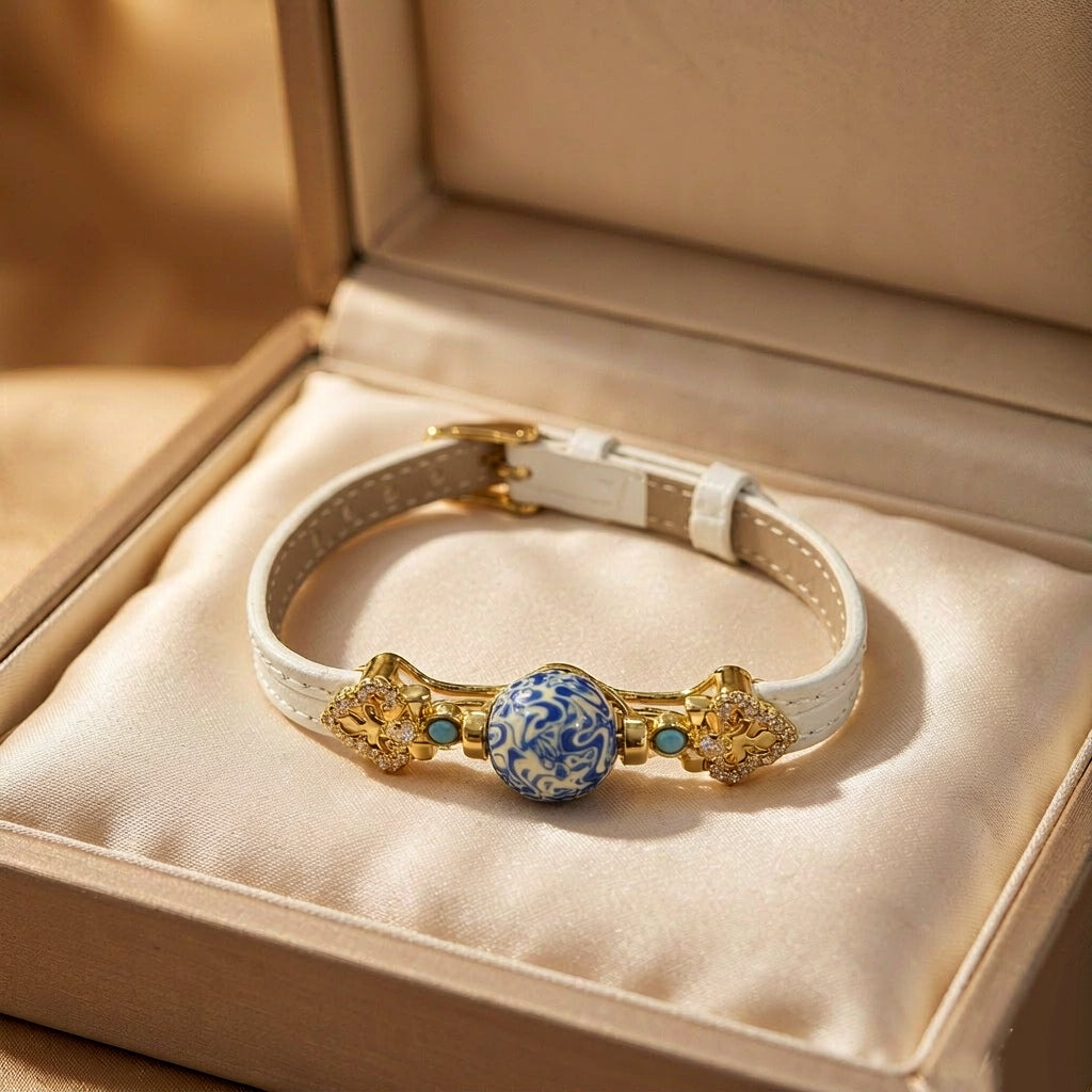 Blue Heritage Bracelet — Blue & White Lacquer with Vintage Gold