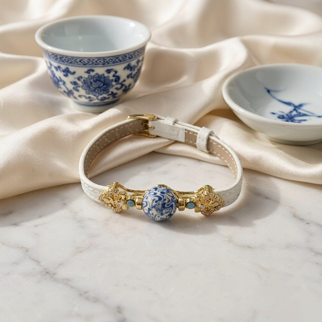 Blue Heritage Bracelet — Blue & White Lacquer with Vintage Gold