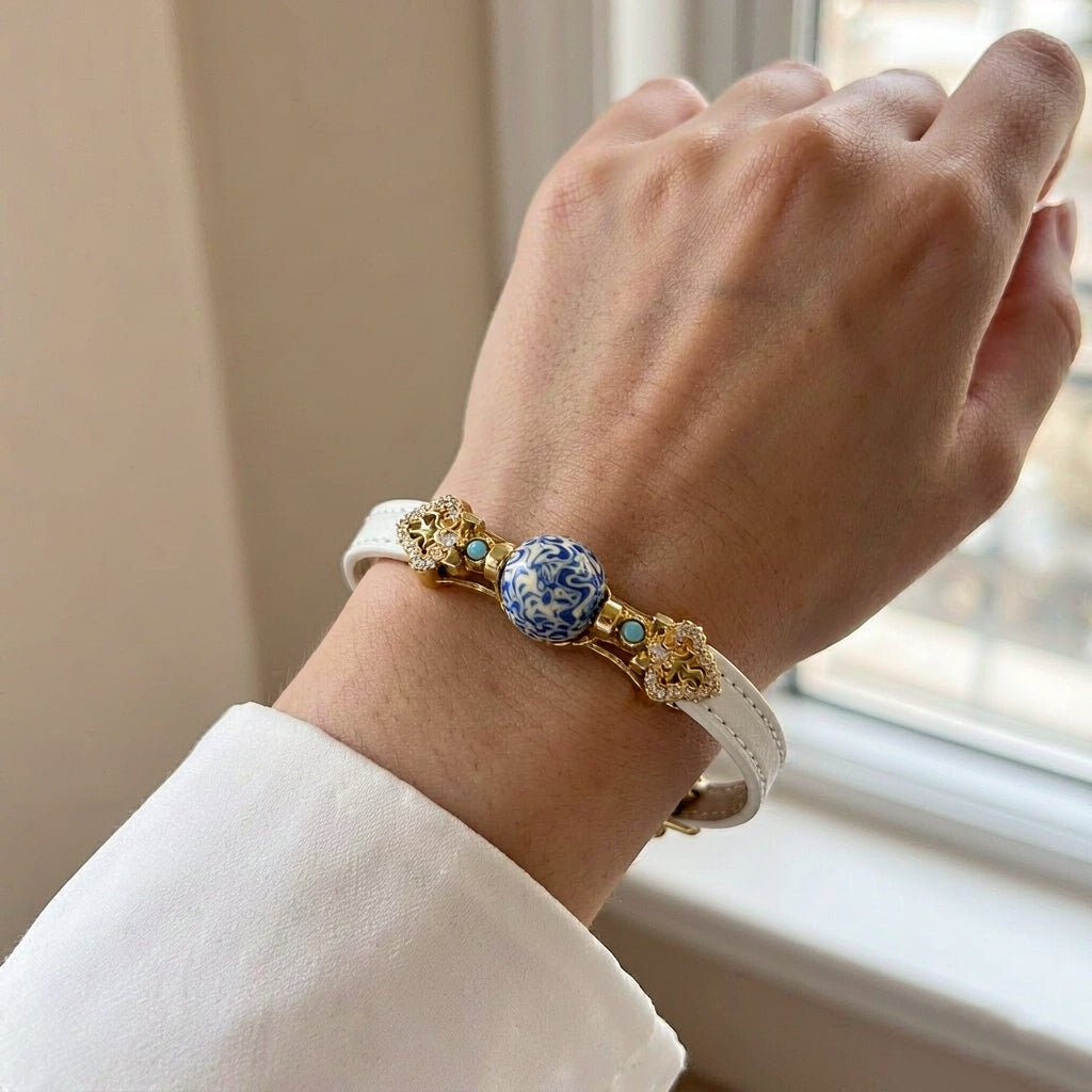 Blue Heritage Bracelet — Blue & White Lacquer with Vintage Gold
